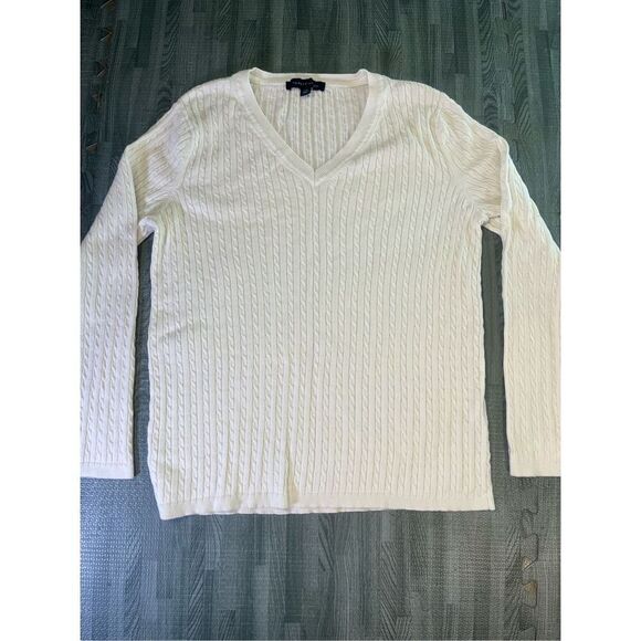 TOMMY HILFIGER VNECK COTTON cable knit SWEATER White Size LARGE Women’s - Picture 1 of 9